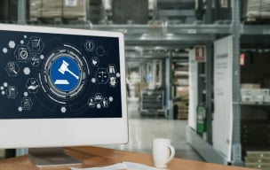 Computer screen displaying a digital legal icon in a warehouse setting